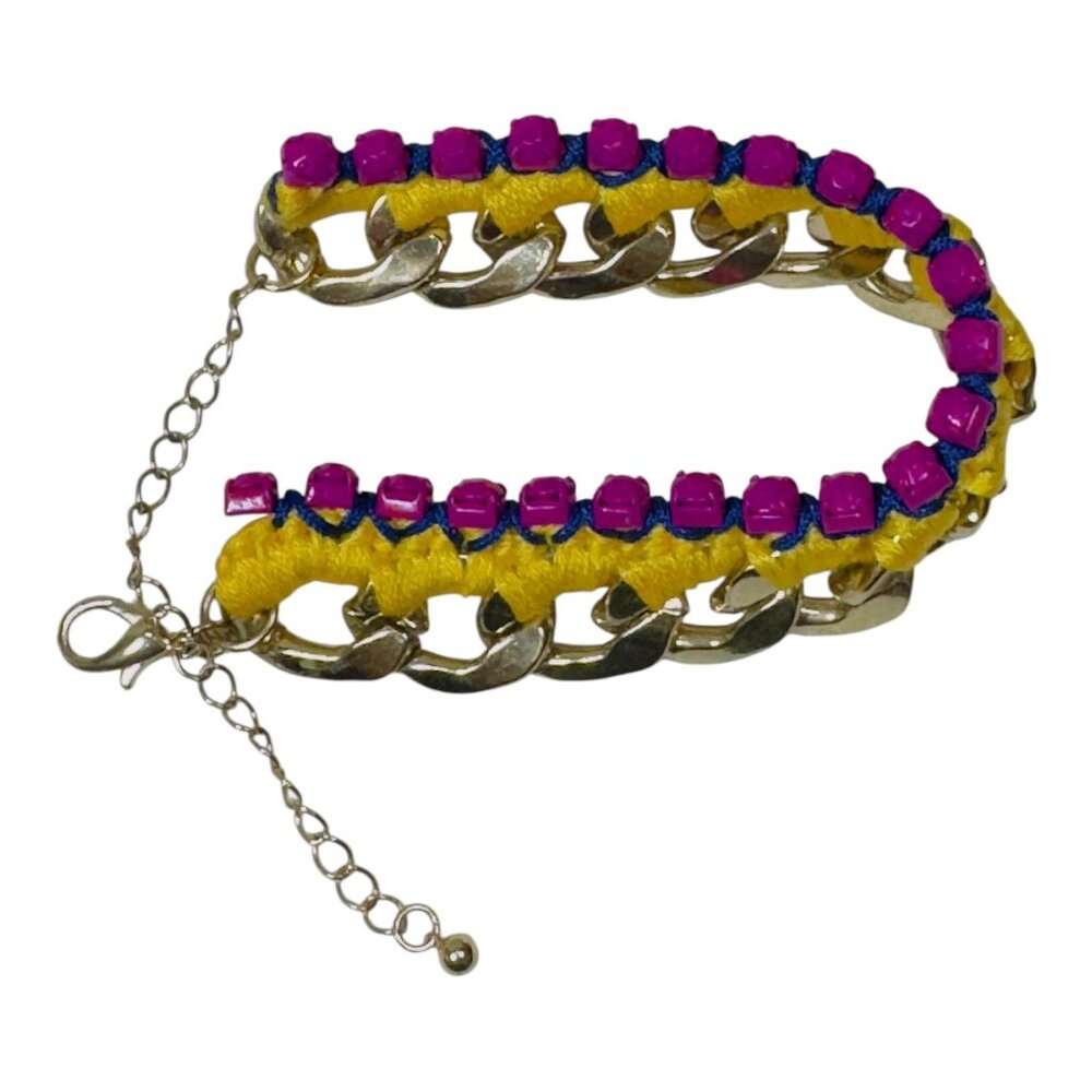 Yellow & Pink Woven Chain Bracelet With Adjustable Clasp - Picture 4 of 10